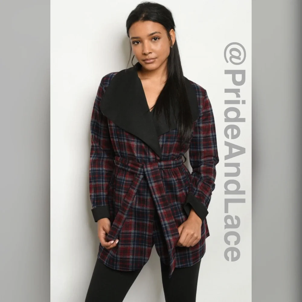 LAST 1️⃣🔴⚫️BLACK BURGUNDY CHECKERED TRENCH JACKET⚫️🔴 - Picture 3 of 10